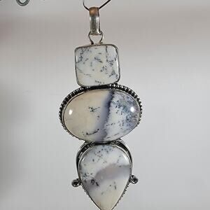Dendritic Opal Pendant Necklace – Triple Stone Design + 20" Sterling Chain